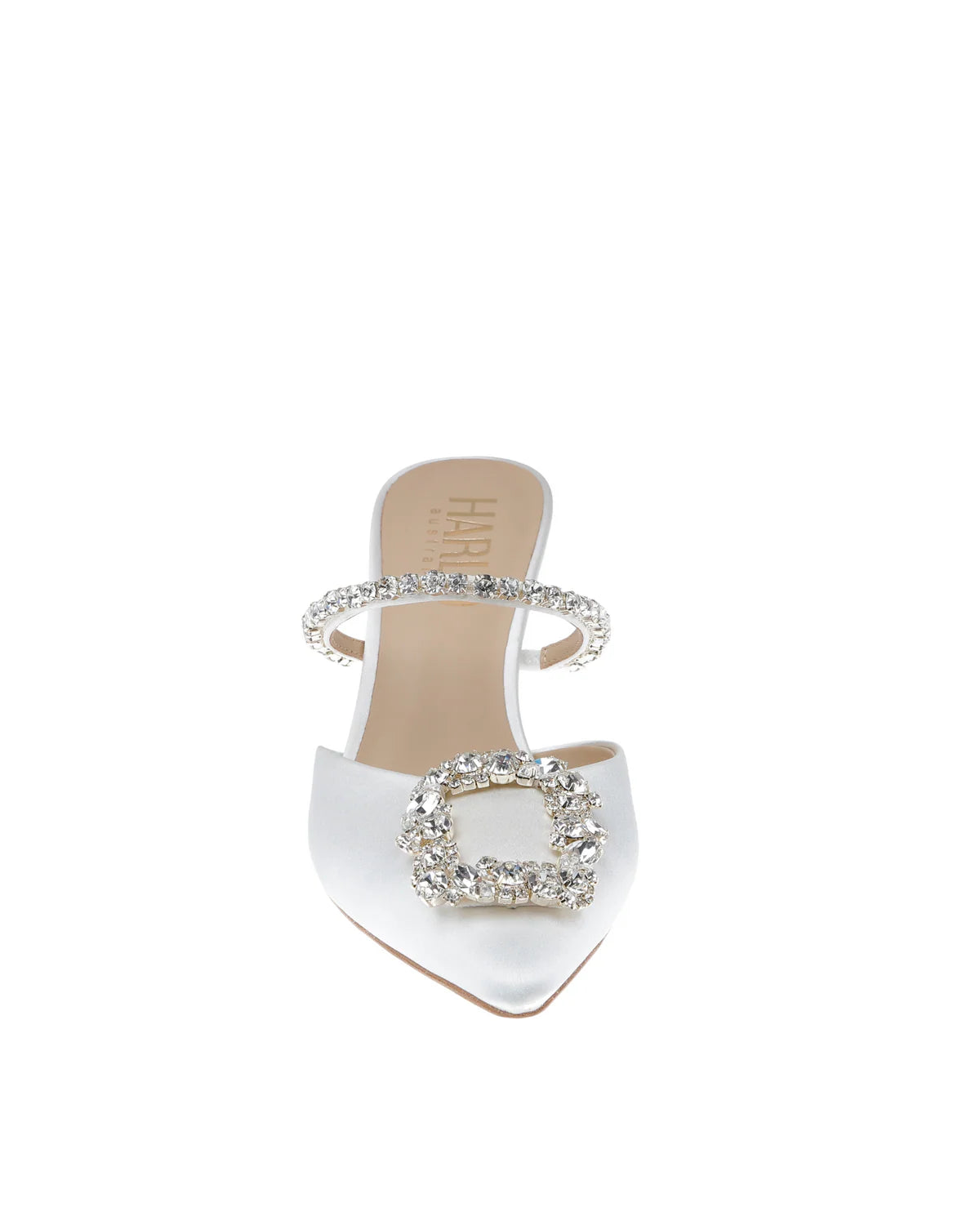 FAITH - POINTED TOE CRYSTAL EMBELLISHED KITTEN MULE - SOFT WHITE