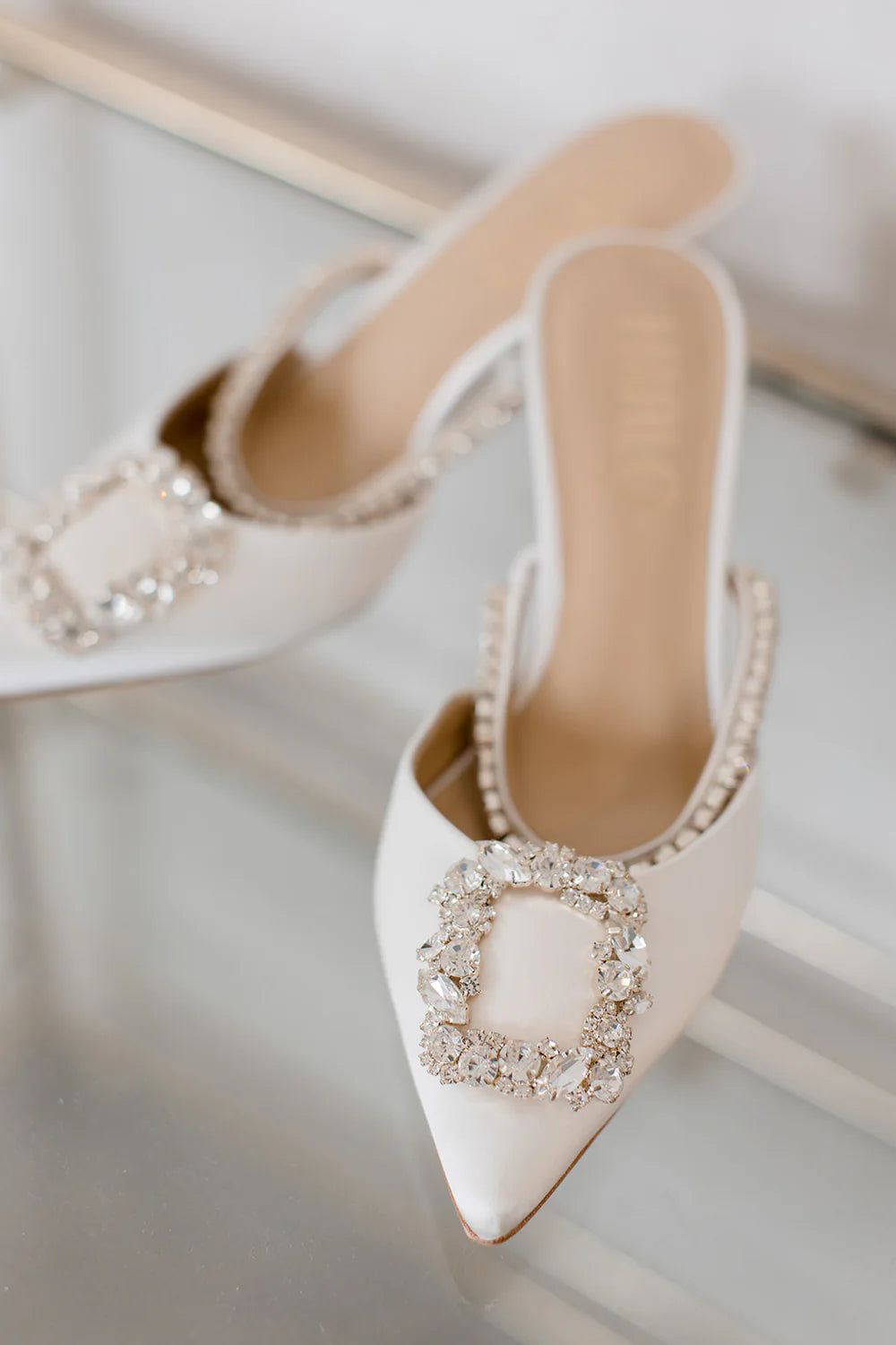 FAITH - POINTED TOE CRYSTAL EMBELLISHED KITTEN MULE - SOFT WHITE