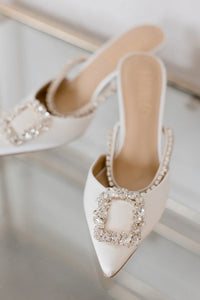 FAITH - POINTED TOE CRYSTAL EMBELLISHED KITTEN MULE - SOFT WHITE