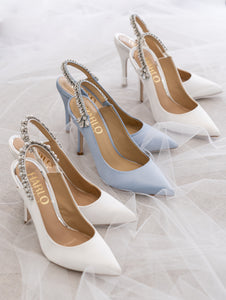 BONNIE AZURE - BLUE CRYSTAL EMBELLISHED SLING BACK BRIDAL PUMP