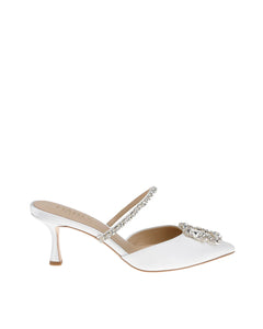 FAITH - POINTED TOE CRYSTAL EMBELLISHED KITTEN MULE - SOFT WHITE
